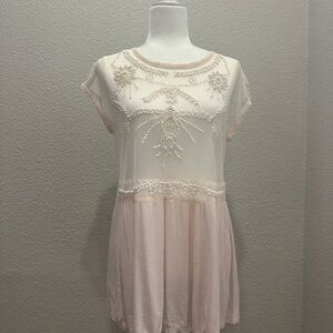 Elegant Cream and Pink Embroidered Dress